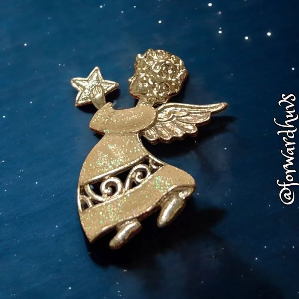 Sparkling Silvertone Angel Brooch with Enamel Dress